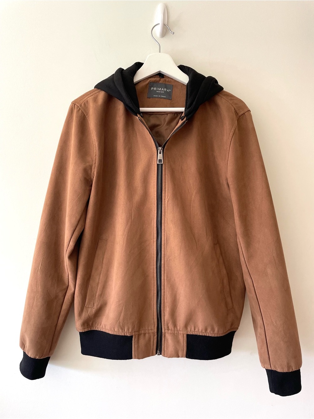 Primark Tan Bomber Jacket Black Hood Size Medium